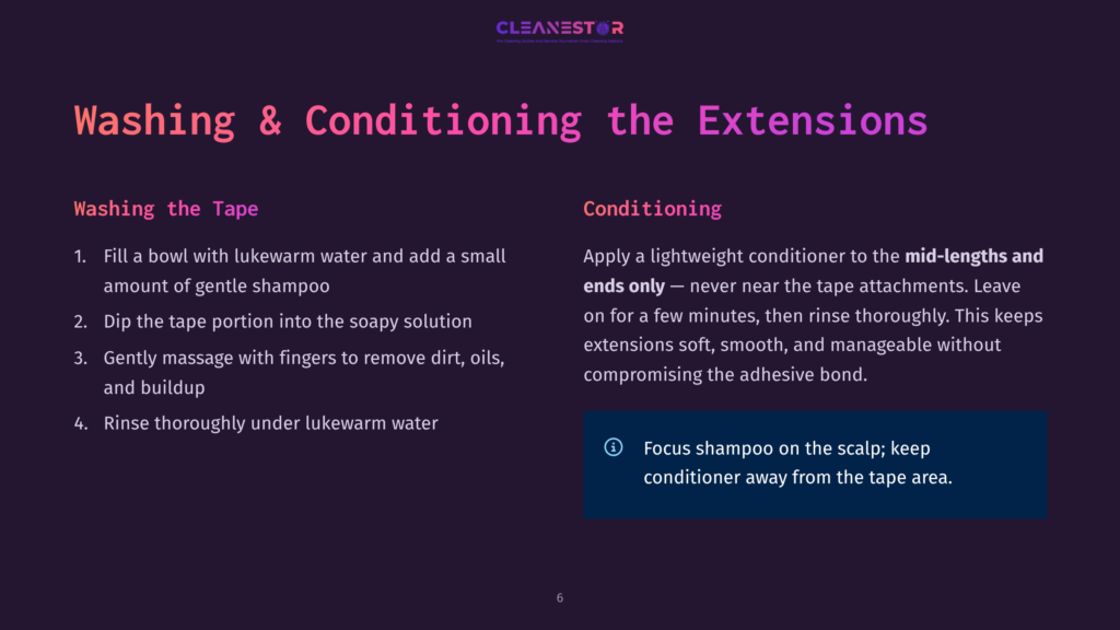 6 Washing And Conditioning The Extensions Instructions For Washing And Conditioning Hair Extensions: Washing With Tape, And Conditioning Mid-Lengths And Ends.