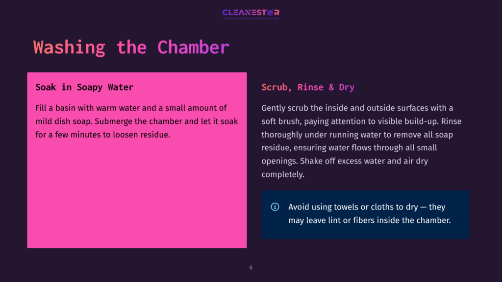 Instructions For Washing A Chamber With Soap And Water, Including Steps To Scrub And Rinse Thoroughly. Text On The Slide Reads &Quot;Soak In Soapy Water&Quot; And &Quot;Scrub, Rinse &Amp; Dry&Quot;.