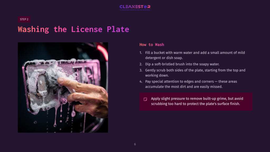 A Hand Scrubbing A License Plate With A Brush In Soapy Water, Surrounded By Bubbles, With Detailed Washing Instructions On The Side.