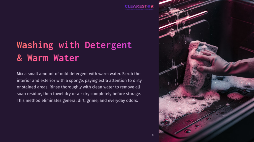 A Hand Scrubs The Interior Of A Cooler With A Sponge, Surrounded By Pink Suds, On A Dark Background With Text Detailing Cleaning Instructions.
