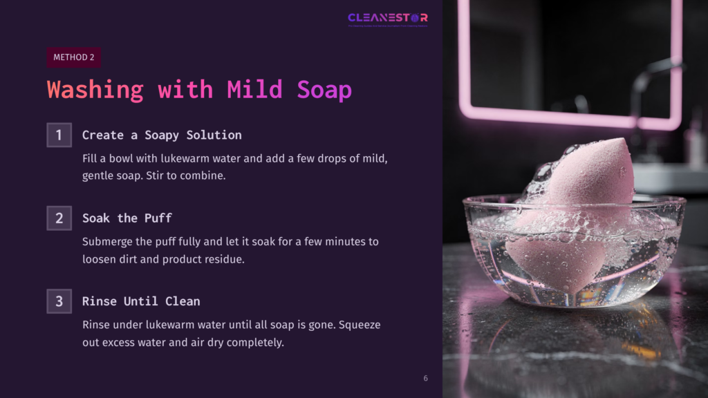 A Clear Glass Bowl With A Pink Makeup Puff Submerged In Soapy Water, Set Against A Dark Background With Soft Pink Lighting.