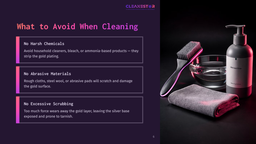 A Pink Cleaning Brush, Gray Cloth, And A Pump Bottle On A Dark Background, Accompanied By Text Highlighting Gold Vermeil Cleaning Tips.
