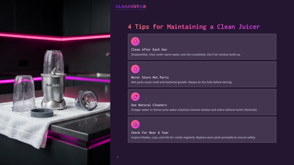 Juicer Components, Including Jars And Blades, Are Shown On A Counter With A Purple Accent Wall. Text Boxes Outline Maintenance Tips.