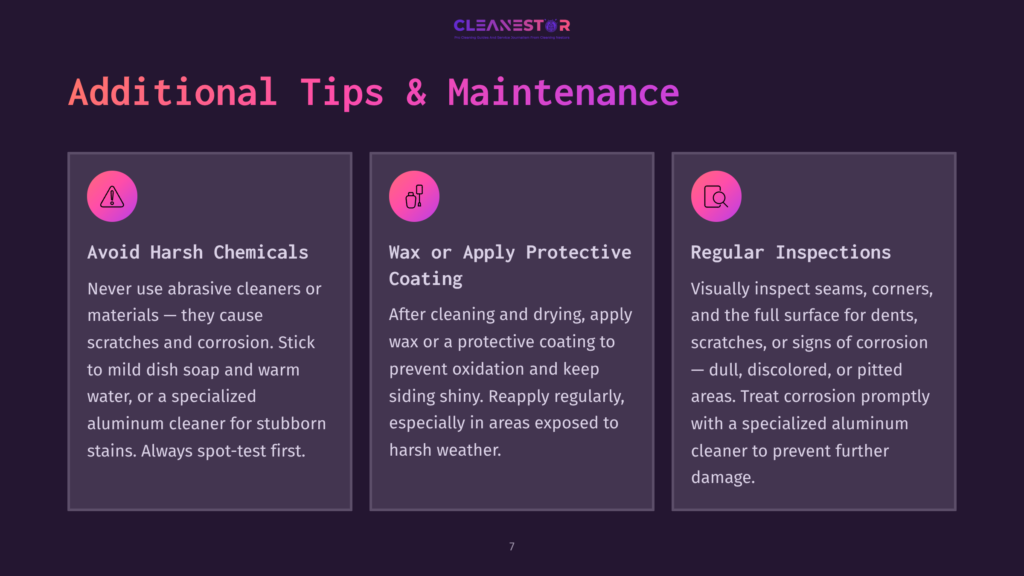 Text On A Dark Background Providing Maintenance Tips For Aluminum Camper Siding, With Sections Highlighted In Pink And Icons For Visual Emphasis.