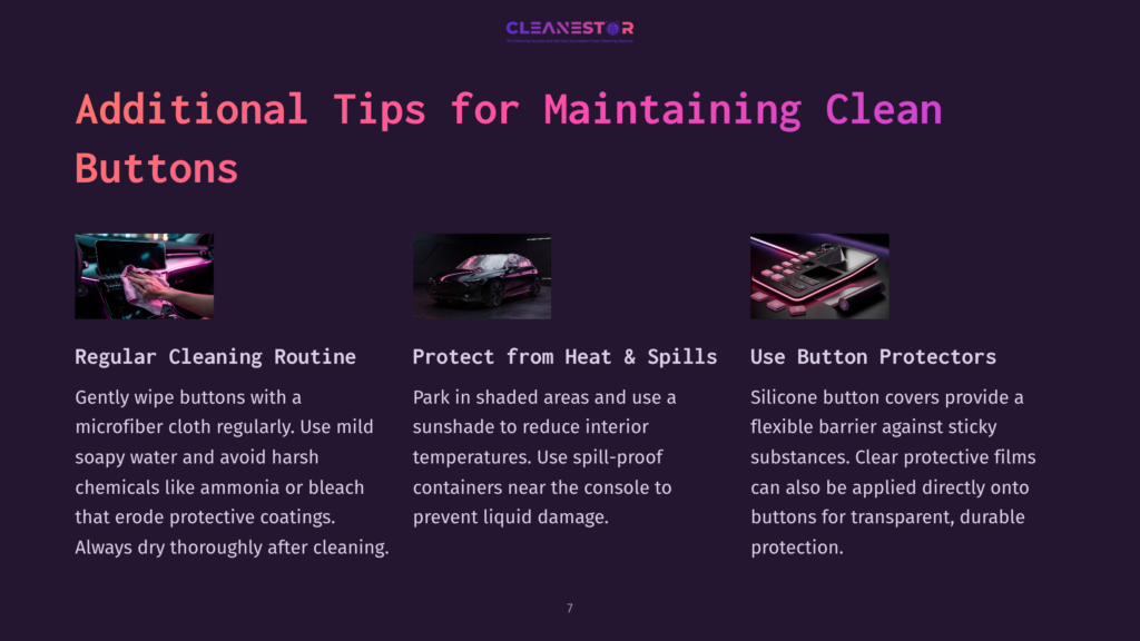 A Dark Background With White Text Outlines Tips For Cleaning Car Console Buttons, Featuring Pink Accents And A Sleek Car Image.