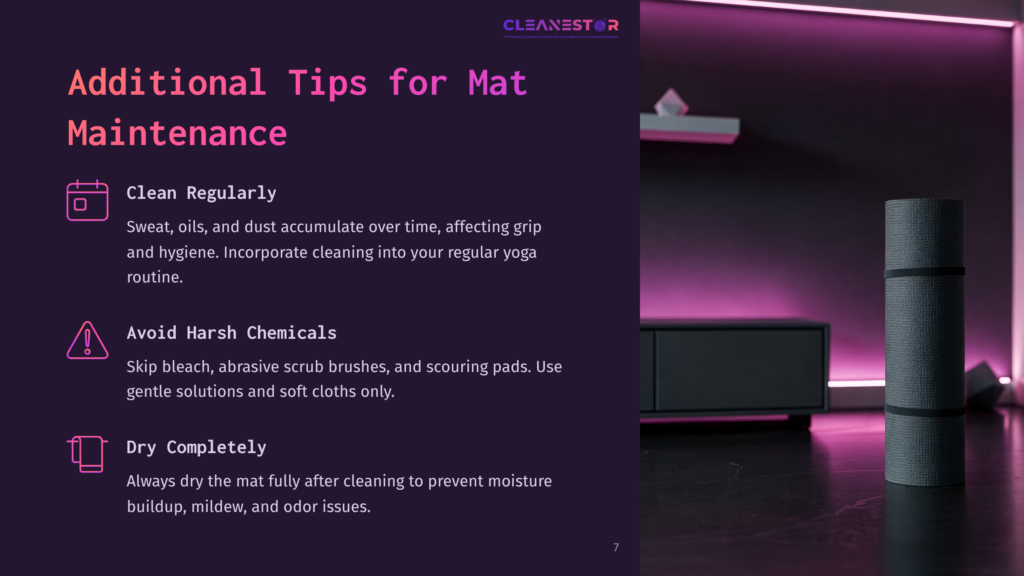 Text On A Dark Background Emphasizes Tips For Yoga Mat Maintenance, Featuring Icons For Cleaning, Avoiding Chemicals, And Drying. Purple Lighting Adds Visual Appeal.