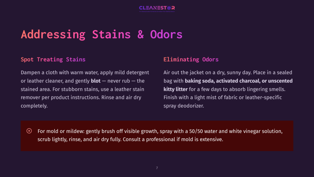 A Dark Background With Purple Text Overlays Detailing Stain And Odor Removal Tips. The Header Reads &Quot;Addressing Stains &Amp; Odors&Quot; With &Quot;Cleanestor&Quot; Logo Above. Left Section: &Quot;Spot Treating Stains&Quot; With Instructions. Right Section: &Quot;Eliminating Odors&Quot; With Instructions. A Red Warning Icon With Text About Mold Removal Is At The Bottom.