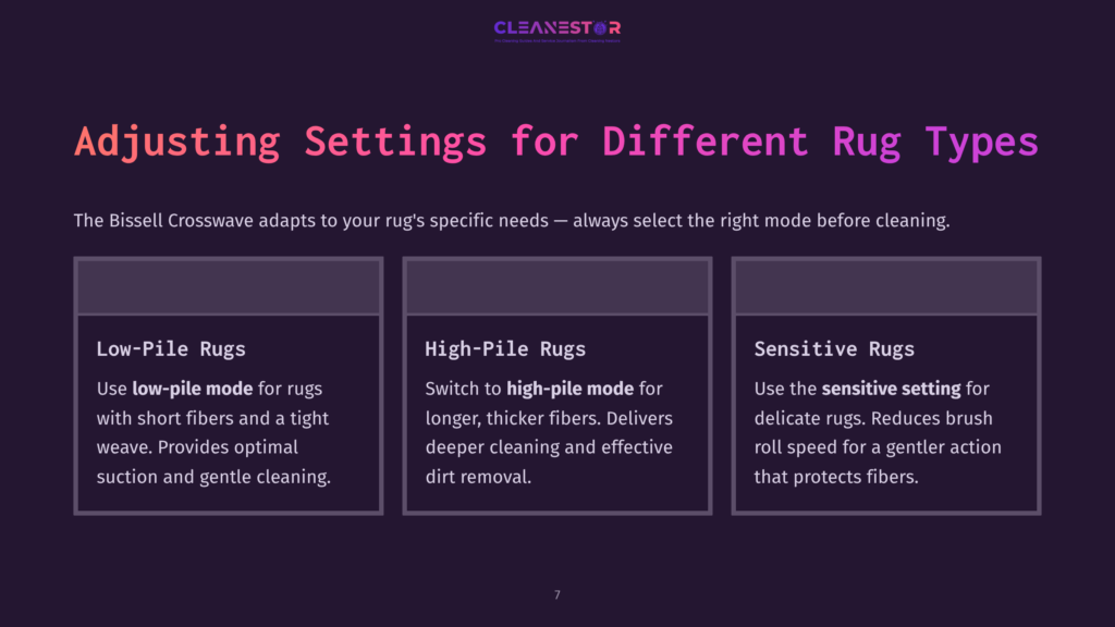 Three Colorful Sections Detailing Rug Cleaning Settings: &Quot;Low-Pile Rugs,&Quot; &Quot;High-Pile Rugs,&Quot; And &Quot;Sensitive Rugs,&Quot; With Specific Instructions For Each.