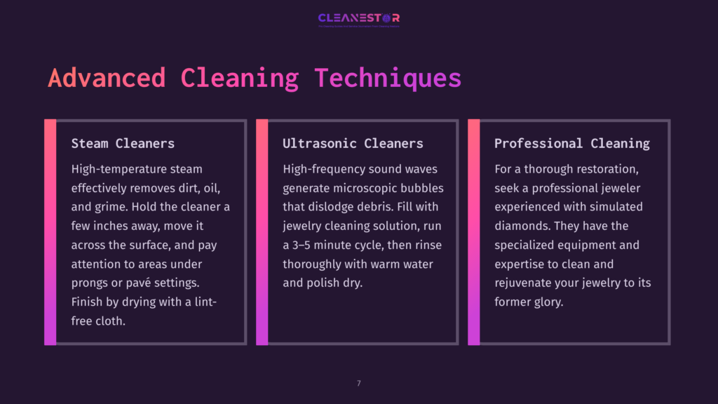 Three Vertically Aligned Sections On A Dark Background, Each Detailing Cleaning Techniques: Steam Cleaners, Ultrasonic Cleaners, And Professional Cleaning, With Key Points Highlighted.