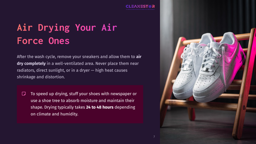 A Pair Of Clean, White Air Force One Sneakers Placed On A Wooden Drying Rack, With A Deep Purple Background And Text About Air Drying.