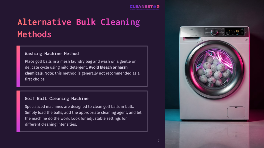 7 Alternative Bulk Cleaning Methods A Modern White Washing Machine With A Glass Door Open, Revealing Golf Balls Inside Illuminated By Purple And Pink Light. The Text &Quot;Cleanestor&Quot; Is Visible At The Top.