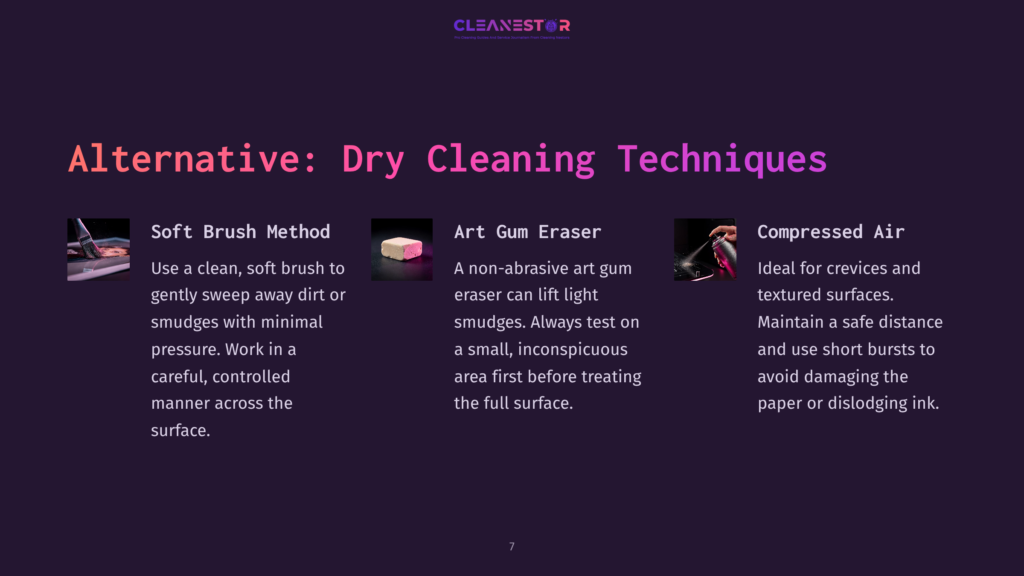 Cleanestor Logo At The Top. Below, &Quot;Alternative: Dry Cleaning Techniques&Quot; Title. Four Sections With Icons And Text: Soft Brush Method, Art Gum Eraser, Compressed Air, And A Graphic Of A Hand Holding A Brush, A Pink Art Gum Eraser, And A Can Of Compressed Air.