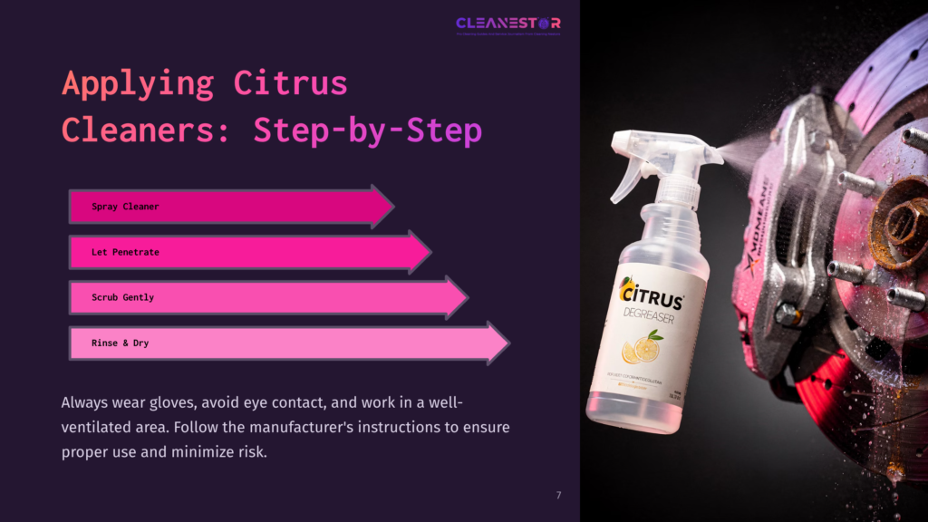 A Spray Bottle Labeled &Quot;Citrus Degreaser&Quot; Beside A Close-Up Of A Brake Disc, With Step-By-Step Cleaning Instructions On A Purple Background.