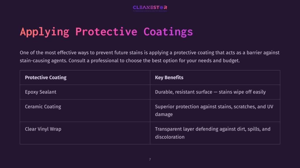 Table Comparing Protective Coatings: Epoxy Sealant, Ceramic Coating, And Clear Vinyl Wrap, With Their Respective Benefits Like Stain Resistance And Superior Protection Against Dirt And Spills.