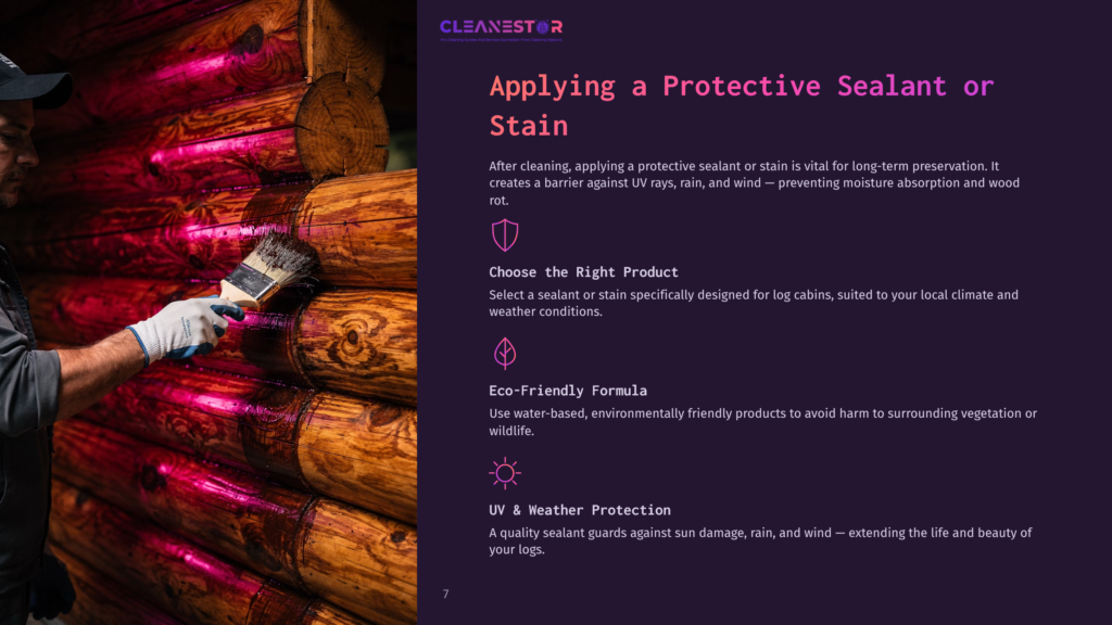 7 Applying A Protective Sealant Or Stain Man Applying Protective Sealant To A Rustic Log Cabin, Highlighting Uv Protection And Weatherproofing For Long-Term Preservation.