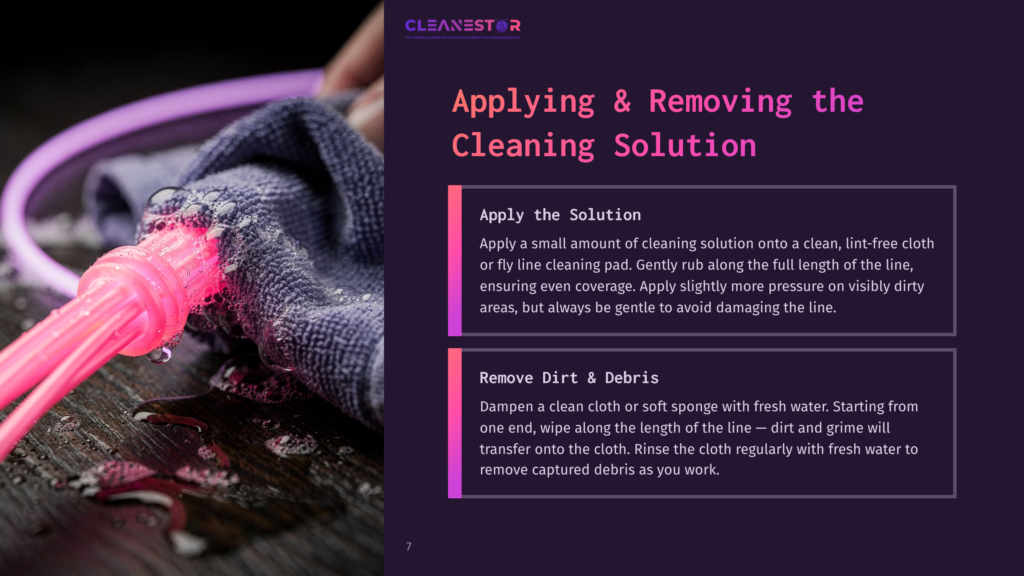 A Close-Up Of A Pink Fly Line Being Cleaned With A Damp Cloth, Alongside Text Instructions On Applying Cleaning Solutions.