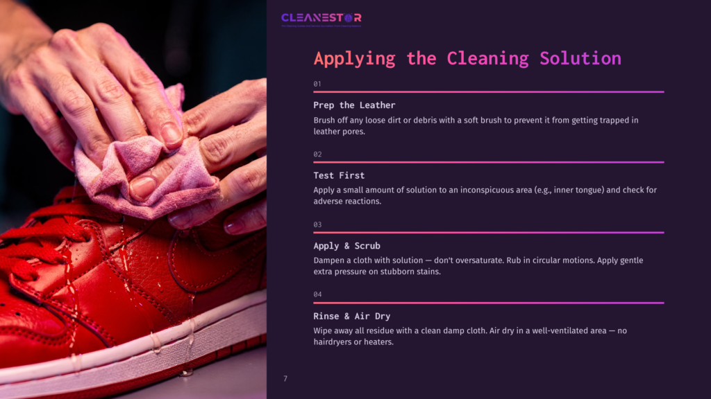 7 Applying The Cleaning Solution 1 Hands Applying A Pink Cleaning Solution To A Red Sneaker, With Instructional Steps Outlined In A Dark-Themed Layout.