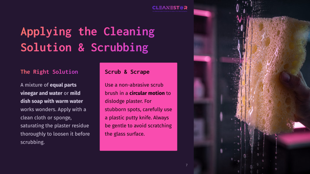 A Close-Up Of A Glass Surface With Water Droplets And Plaster Remnants, Alongside Text Instructions In Purple And Pink On Cleaning Methods.