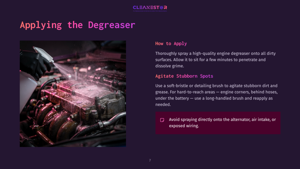 A Gloved Hand Sprays A Car Engine With Degreaser, Showing The Application Process For Cleaning Engine Parts. The Text &Quot;Applying The Degreaser&Quot; Is Visible.