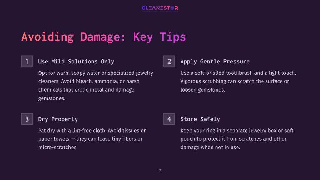 Text On A Purple Background Outlining Tips For Cleaning Jewelry, Including Advice On Cleaning Solutions, Pressure, And Storage.