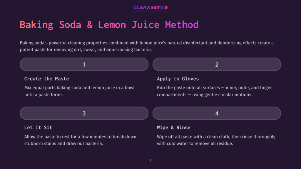 Instructions For Cleaning Kickboxing Gloves Using A Baking Soda And Lemon Juice Paste, With Numbered Steps On A Dark Background.
