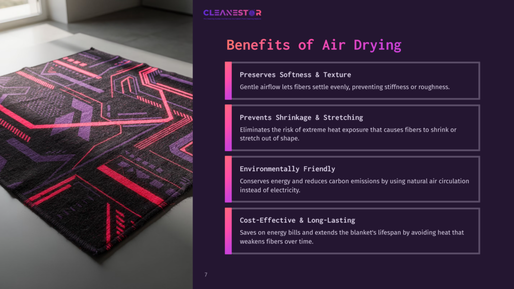 A Colorful, Geometric-Patterned Alpaca Blanket Drapes On A Flat Surface, With Text Detailing Benefits Of Air Drying Beside It.