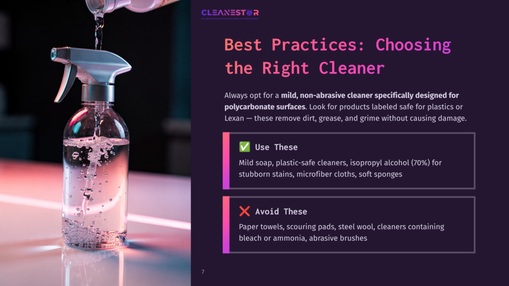 7 Best Practices Choosing The Right Cleaner Clear Spray Bottle With A Nozzle, Beside A Water Droplet, Against A Dark Background. Text Highlights Preferred And Avoided Cleaning Methods.