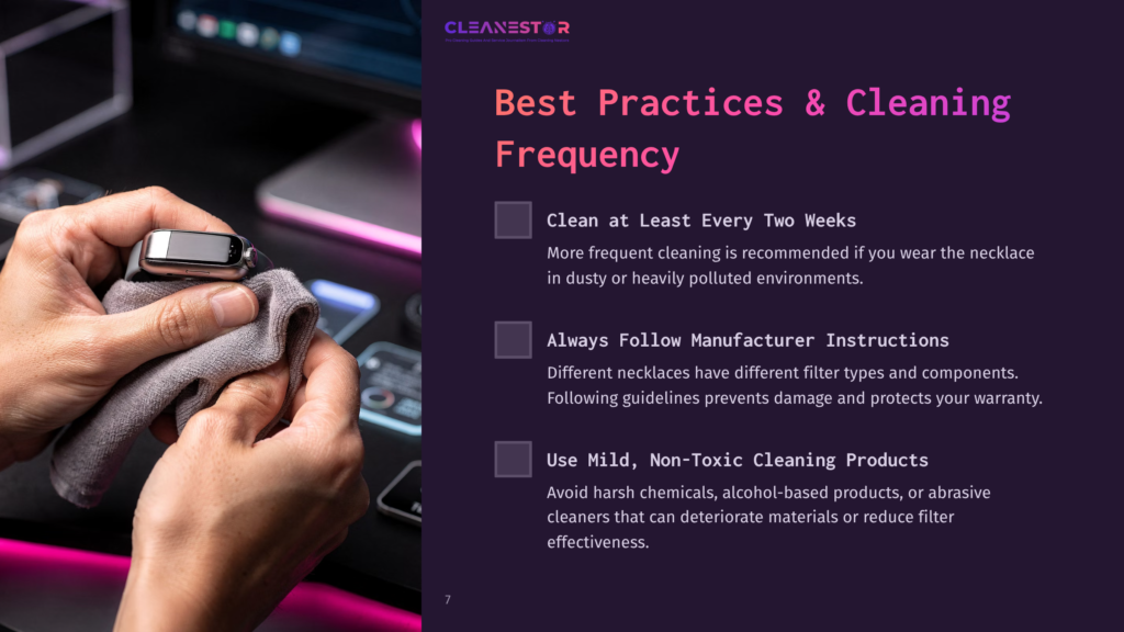 A Person Cleaning A Sleek Air Purifier Necklace With A Soft Cloth, Surrounded By A Modern Workspace Featuring A Glowing Keyboard And Vibrant Lighting.