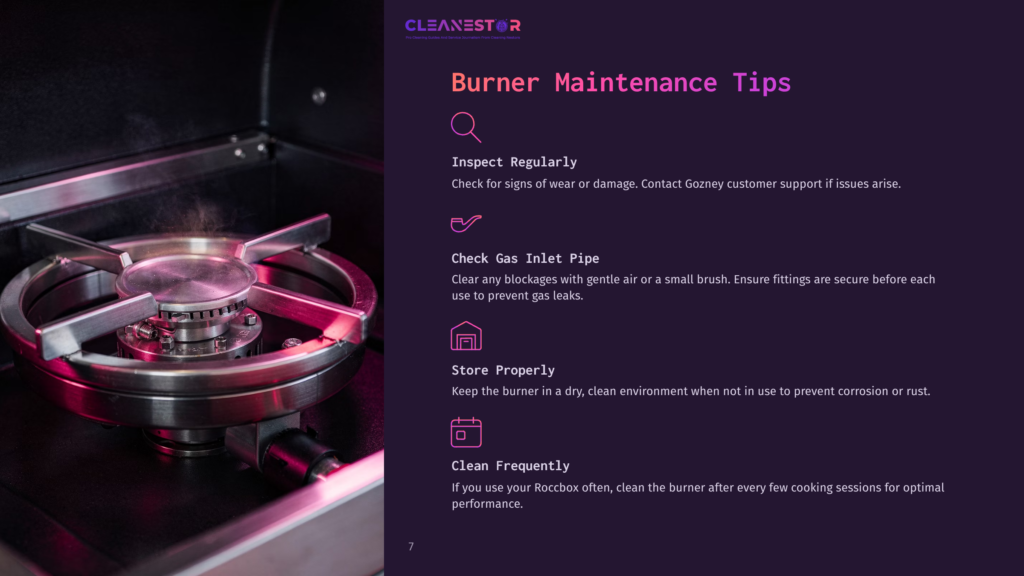 Close-Up Of A Gas Burner With A Pink Glow, Featuring Maintenance Tips Listed In Purple Text On The Right. Dark Background With Clean Layout.