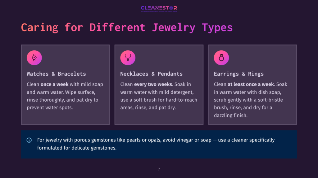 Infographic Titled &Quot;Caring For Different Jewelry Types&Quot; With Icons And Text For Watches &Amp; Bracelets, Necklaces &Amp; Pendants, And Earrings &Amp; Rings, Offering Cleaning Tips.