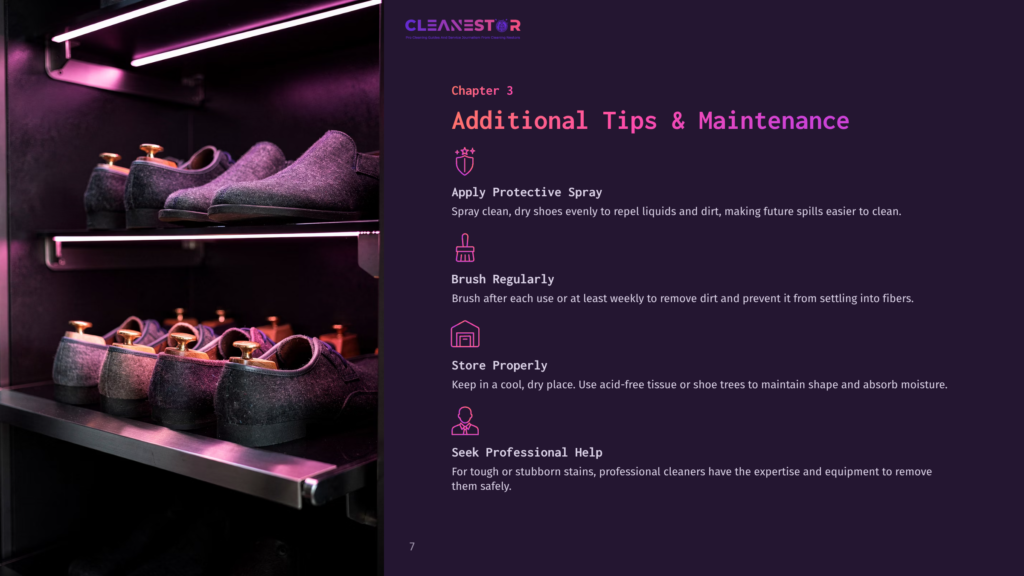 Cleanestor Chapter 3: Additional Tips &Amp; Maintenance. Shoes Neatly Stored On Shelves, With Text Detailing Protective Spray, Brushing, And Professional Help For Shoe Care.