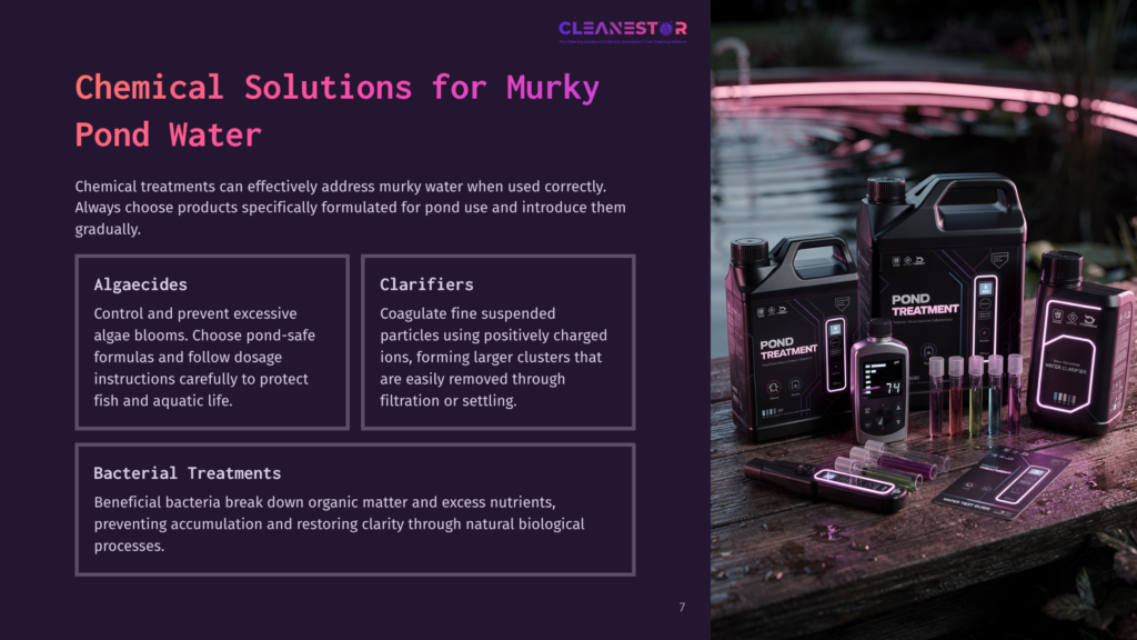 Cleanestar Pond Treatment And Clarifiers Bottles And Vials Displayed On A Wet, Dark Surface With Neon Pink And Blue Lighting Reflecting.