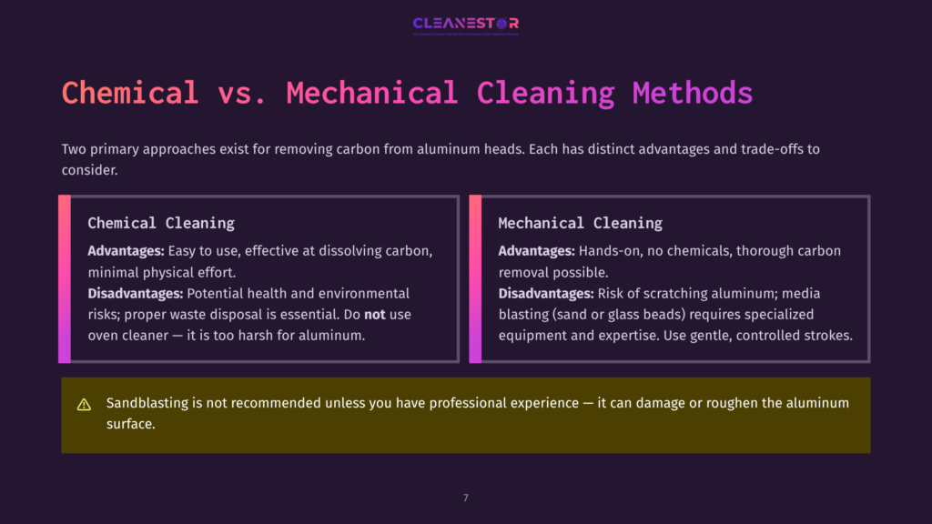 Comparison Of Chemical Vs. Mechanical Cleaning Methods For Aluminum Heads, Highlighting Advantages And Disadvantages. Text Includes &Quot;Chemical Cleaning&Quot; And &Quot;Mechanical Cleaning&Quot; Titles, With Bulleted Lists Of Pros And Cons.