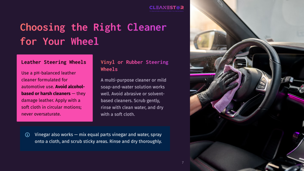 7 Choosing The Right Cleaner For Your Wheel Close-Up Of A Person'S Hands Wearing Black Gloves Cleaning A Car'S Leather Steering Wheel With A Purple Microfiber Cloth. The Car'S Interior Features Ambient Purple Lighting.
