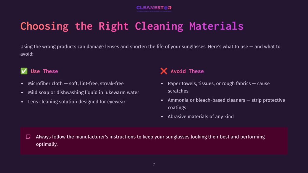 Slide With A Dark Purple Background Listing Cleaning Materials: Microfiber Cloth, Gentle Soap, And A Caution Against Harmful Items Like Paper Towels And Bleach.