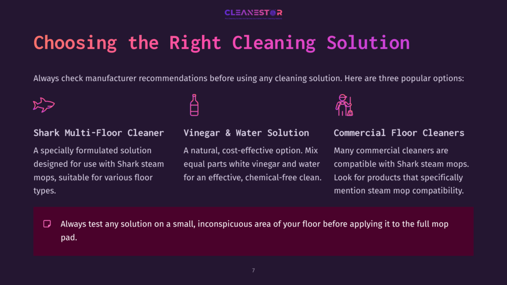 Three Cleaning Solution Options Listed: Shark Multi-Floor Cleaner, Vinegar &Amp; Water Solution, And Commercial Floor Cleaners, With Bold Headings And Tips.