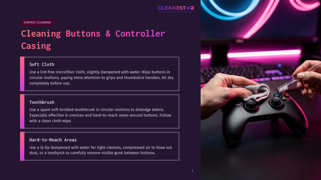 7 Cleaning Buttons And Controller Casing A Gaming Controller With Visible Buttons Is Cleaned Using A Toothbrush And A Damp Cloth, Set Against A Colorful Gaming Backdrop.