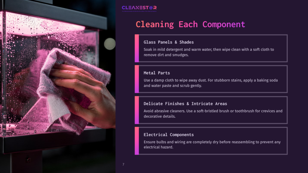 Close-Up Of A Hand Cleaning A Glass Panel With A Pink Light Glow, With Text Overlay: &Quot;Cleaning Each Component&Quot;, &Quot;Glass Panels &Amp; Shades&Quot;, &Quot;Metal Parts&Quot;, &Quot;Delicate Finishes &Amp; Intricate Areas&Quot;, &Quot;Electrical Components&Quot;.