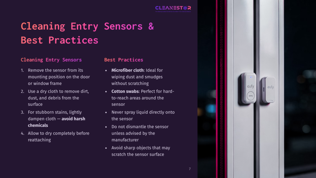 Close-Up Of Two White Eufy Entry Sensors Attached To A Glass Door Frame, With The Text &Quot;Cleanestor Cleaning Entry Sensors &Amp; Best Practices&Quot; Visible On A Dark Background.