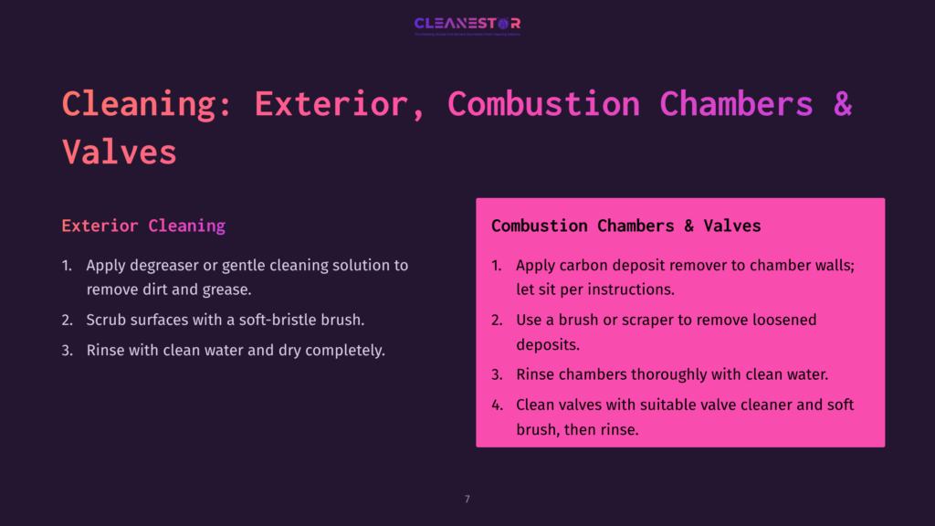 Instructions In Pink And Purple Text Outline Steps For Cleaning Exterior Surfaces And Combustion Chambers Of Cylinder Heads, With Numbered Points.