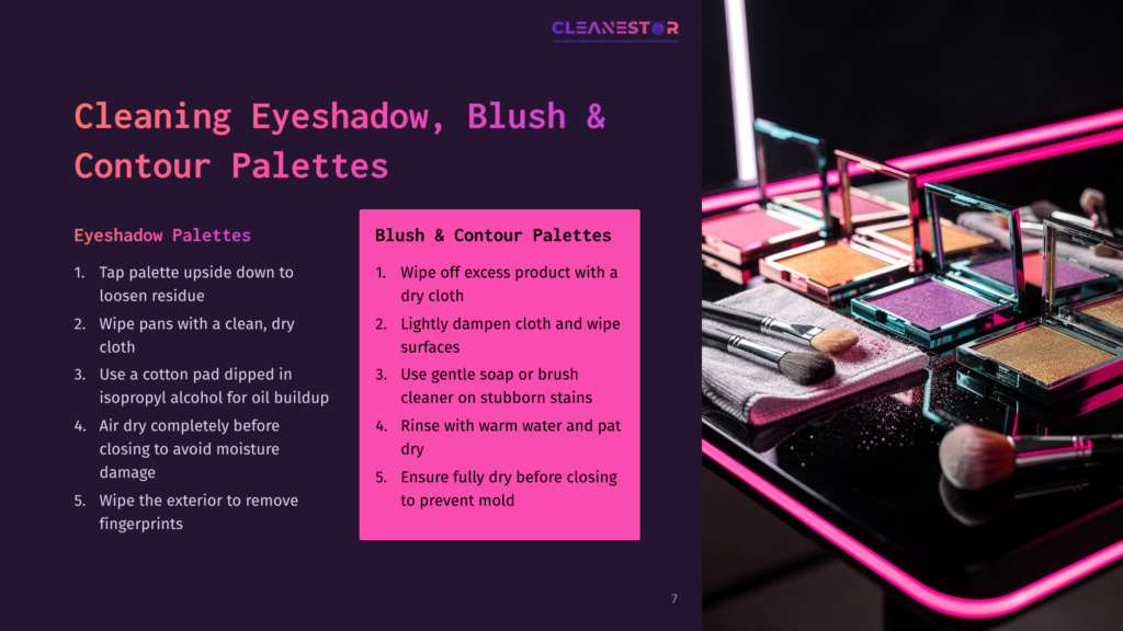 A Brightly Lit Makeup Palette Displayed On A Reflective Surface, Surrounded By Brushes, With Cleaning Tips On A Purple Background.