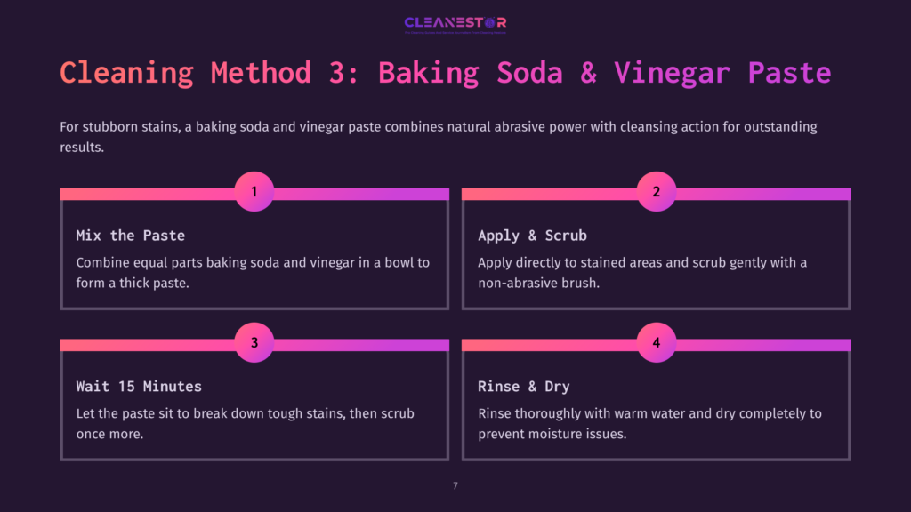 Infographic Detailing &Quot;Cleaning Method 3: Baking Soda &Amp; Vinegar Paste&Quot;. Steps Include Mixing The Paste, Applying And Scrubbing, Waiting 15 Minutes, And Rinsing &Amp; Drying.