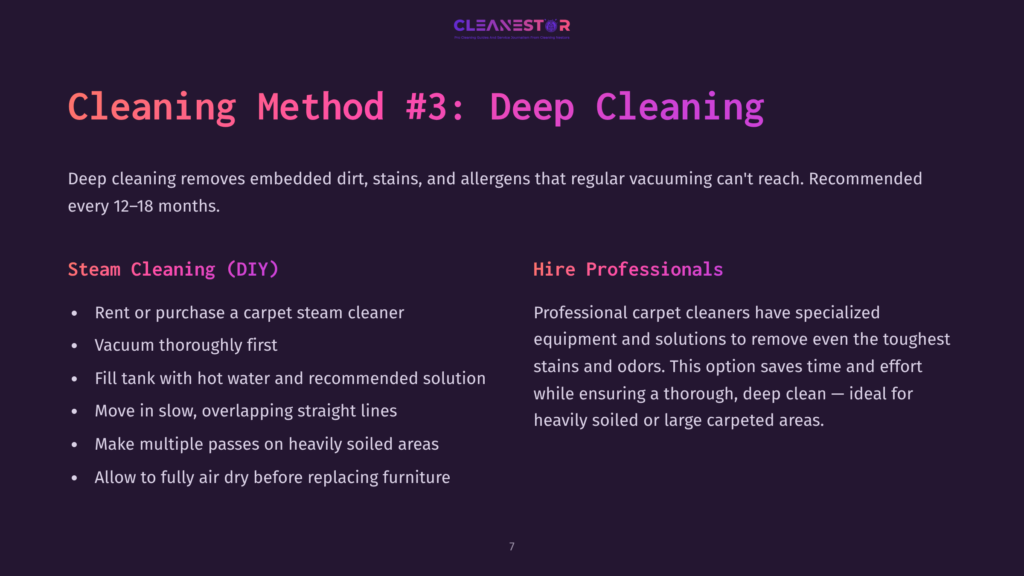 Text Layout With Two Cleaning Methods: Diy Steam Cleaning Tips And Hiring Professionals, On A Dark Background With Purple And White Fonts.