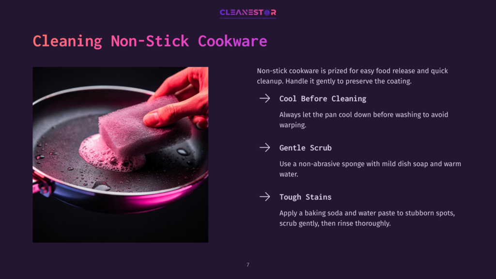 Hand Holding A Sponge Cleaning A Purple Non-Stick Frying Pan Filled With Soapy Water, Set Against A Dark Background With White Text.