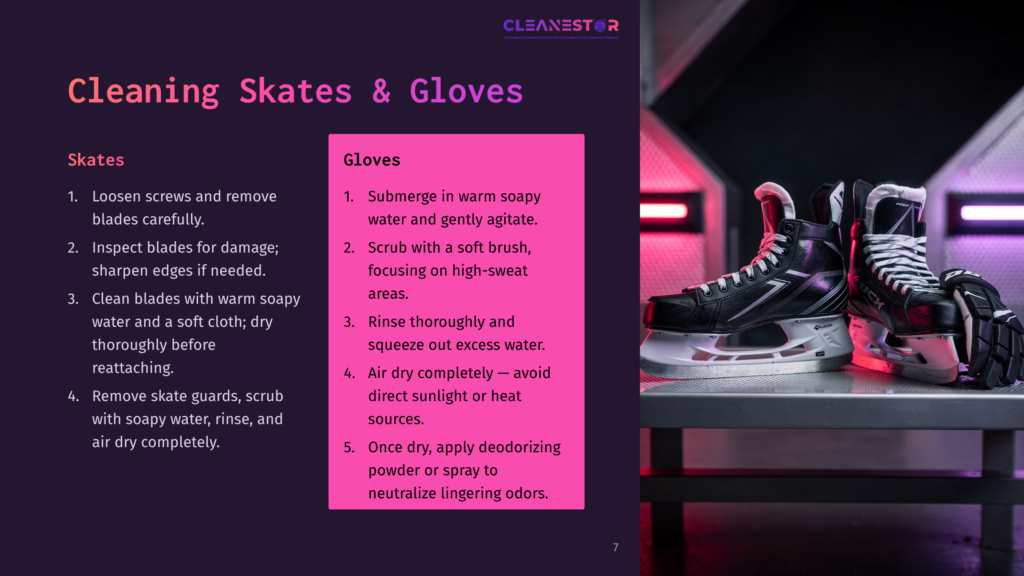 A Pair Of Black And Purple Hockey Skates On A Dark Background, Accompanied By Cleaning Instructions For Skates And Gloves In Pink Text Boxes.