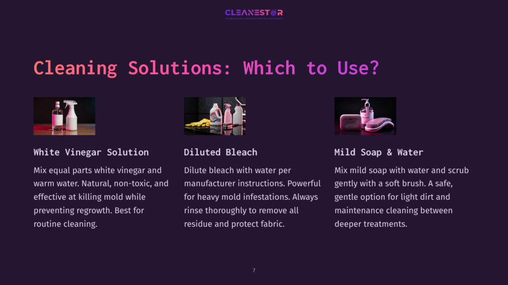 Three Cleaning Solutions Are Displayed: White Vinegar And Water In A Spray Bottle, Diluted Bleach, And Mild Soap And Water With A Scrub Brush. The Text &Quot;Cleaning Solutions: Which To Use?&Quot; Is Prominently Displayed.