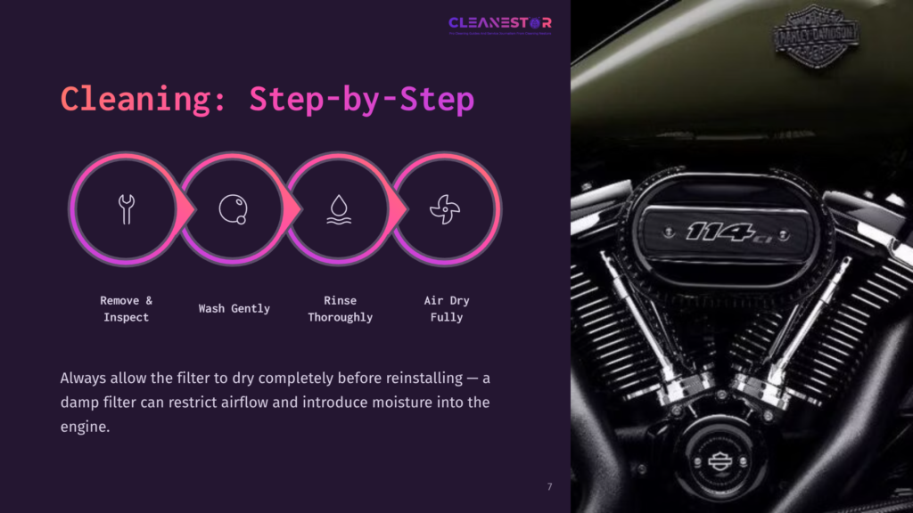 Step-By-Step Guide With Icons For Cleaning A Harley Air Filter, Set Against A Dark Purple Background Featuring A Motorcycle Engine.