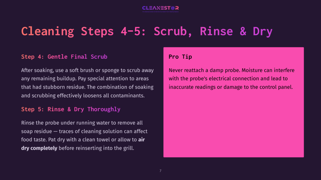Cleanestor Logo And Text Detailing Cleaning Steps: Step 4: Gentle Final Scrub, And Step 5: Rinse &Amp; Dry Thoroughly. A Pro Tip Box Advises Against Reattaching A Damp Probe Due To Moisture Interference With Readings.