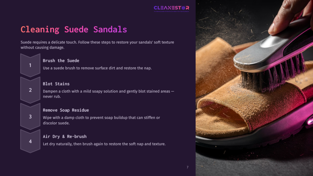 A Suede Sandal Being Cleaned With A Brush, Showing Soft Textures And Dust. Instruction Steps Are Listed On The Left In Purple Typography.