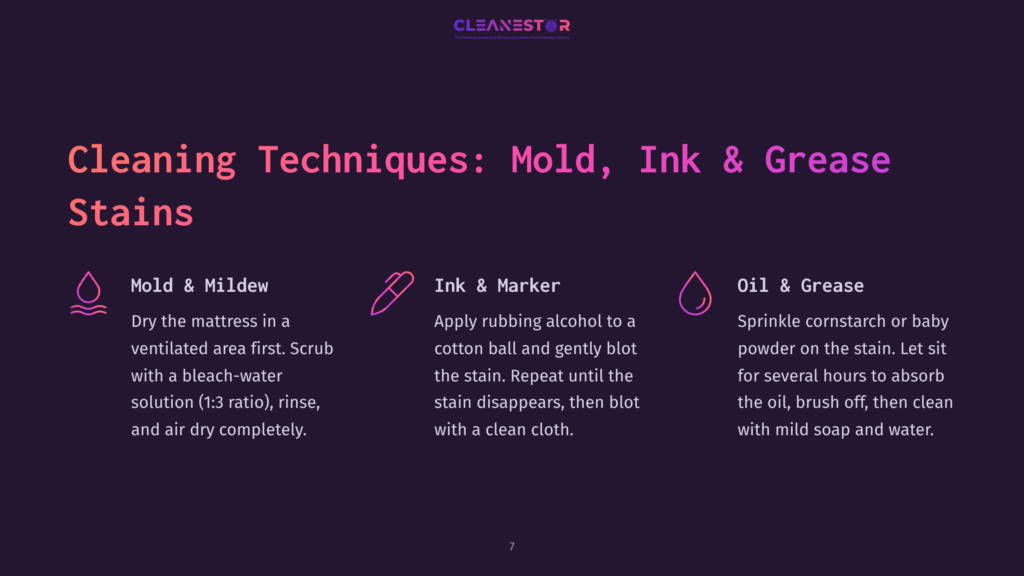 Infographic Detailing Cleaning Techniques For Mold, Ink, And Grease Stains On Mattresses. Includes Icons And Text For Each Stain Type, With Instructions For Removal.